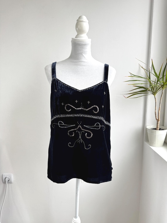 Navy Blue Velvet Beaded Camisole Top, Jensen Embroidered Silk Velvet Tank, 90s Beaded Evening Cami, Vintage Strappy Velvet Top Women Size XL