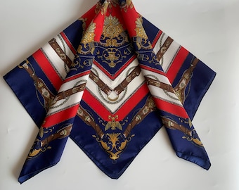 Bufanda de cuello cuadrado grande vintage para mujer, bufanda retro clásica y elegante, pañuelo azul marino, rojo y blanco, bufanda envolvente con estampado barroco real