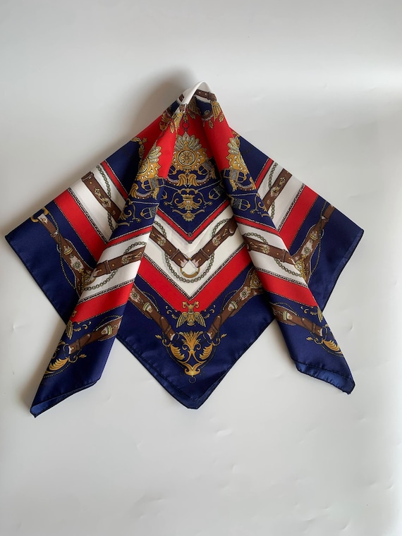 Vintage Large Square Neck Scarf for Women, Classic Stylish Retro Scarf, Navy Blue Red White Neckerchief, Royal Baroque Print Wrap Scarf