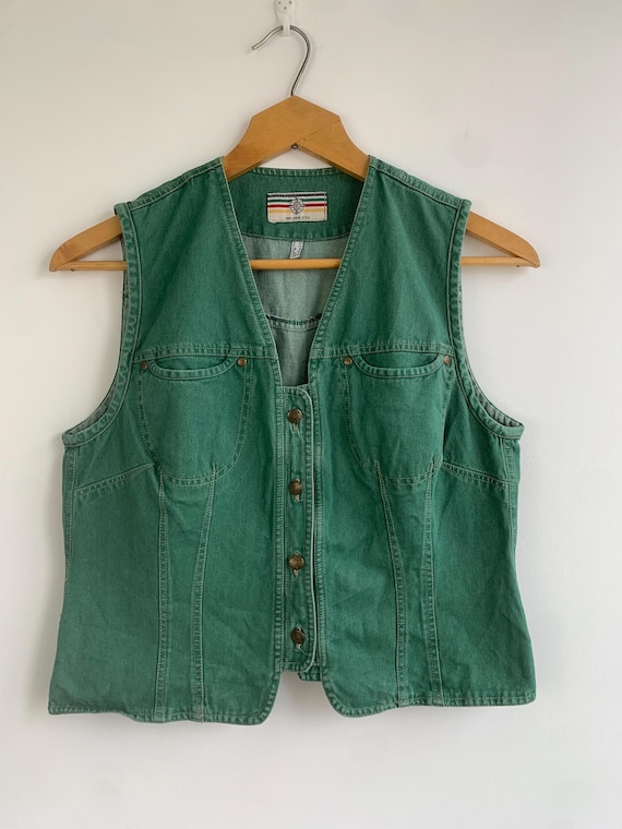 Vintage Green Denim Vest, 90s Cropped Jean Vest, Moss Green Sleeveless Jacket, Button-Front Western Waistcoat, Acid Wash Vest, Women's Large