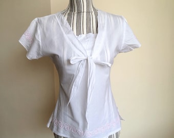 Vintage Embroidery Short Sleeve Cotton Top, Bohemian Bow Tie Collar Shirt Size S, Festival White Summer Top, Boho Chic Cottagecore  Blouse