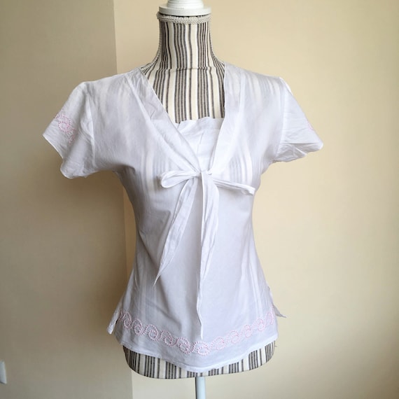 Vintage Embroidery Short Sleeve Cotton Top, Bohemian Bow Tie Collar Shirt Size S, Festival White Summer Top, Boho Chic Cottagecore  Blouse