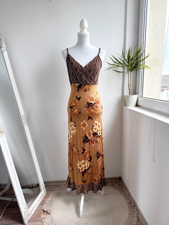 Vintage 90s Brown Floral Maxi Dress Boho Spaghetti Strap Slip Dress Y2K Elements Size UK 14 EU 40 FR 42 Cottagecore Festival Summer Dress