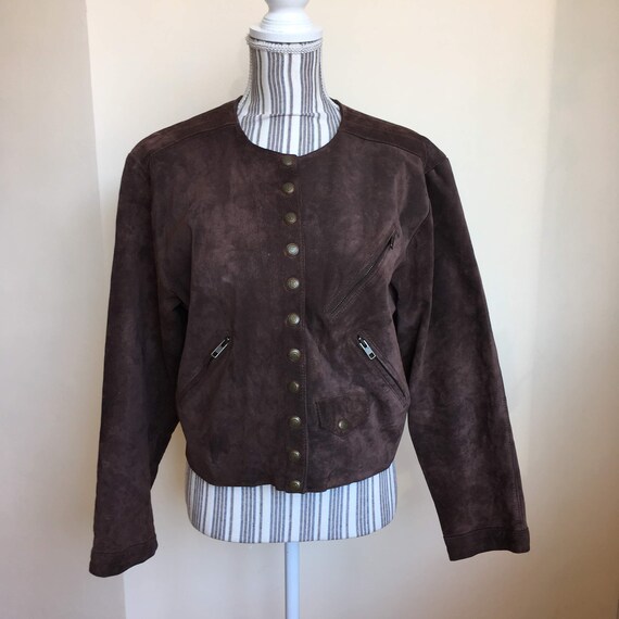 Brown Suede Leather Button Front Fall Bomber Jacket, Vintage Women Grunge Festival Jacket Size M