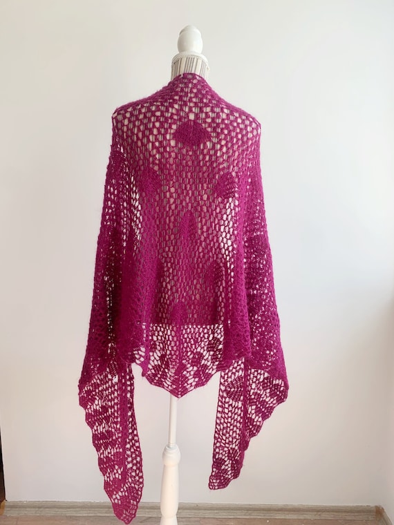 Fuchsia Crochet Lace Shawl, Vintage Mohair Shawl Wrap, Acrylic Wool Knit Shoulder Scarf, Boho Hippie Triangle Shawl, Sheer Fishnet Shawl
