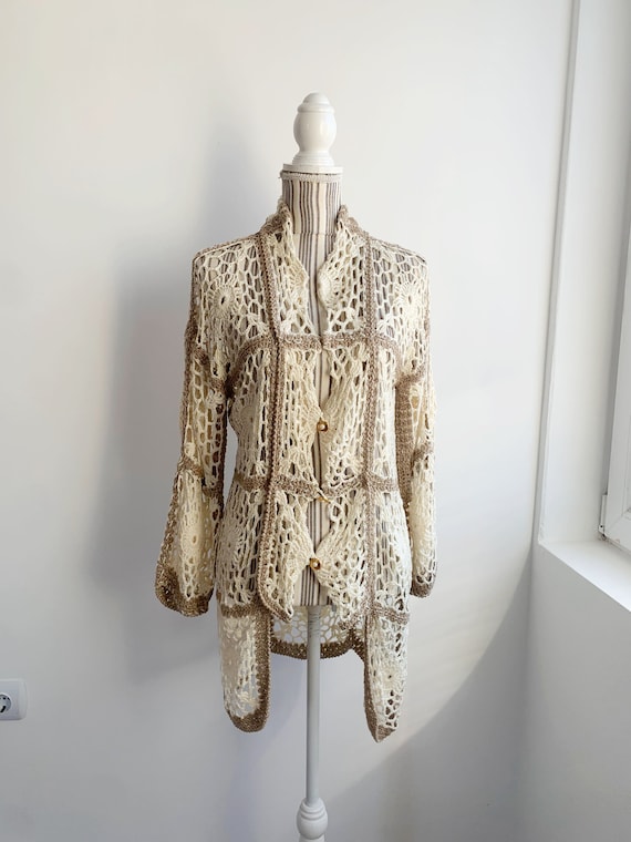Vintage Handmade Off White Crochet Cardigan for Women Size M L, Cream Beige Floral Granny Square Oversized Cardigan, Long Beaded Afghan Coat