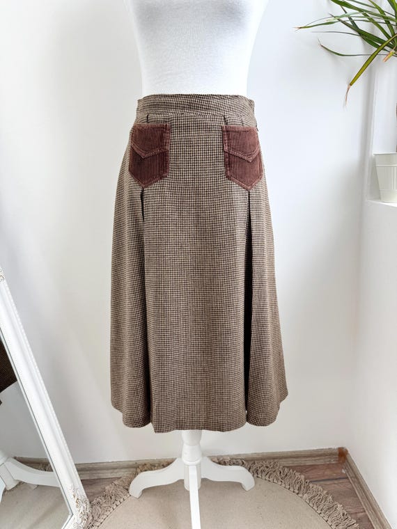 Houndstooth Wool Midi Skirt with Corduroy Mock Pockets Size S, Vintage 70s Autumn Brown Check High Waisted A-Line Skirt, Dark Academia Style