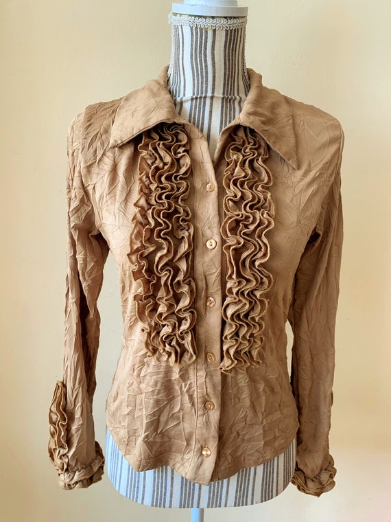 Vintage 90s Collared Ruffled Blouse for Women Size M, Long Bell Sleeves Frilly Cuffs Button Up Shirt, Romantic Fitted Stretchy Crinkle Top