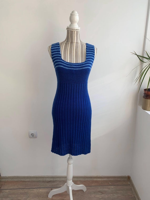 Vintage Knitted Sleeveless Dress S M, Royal Blue Wool Overall Dress, Short Pinafore Dress, Winter Knit Sarafan Dress, Sweater Jumper Dress
