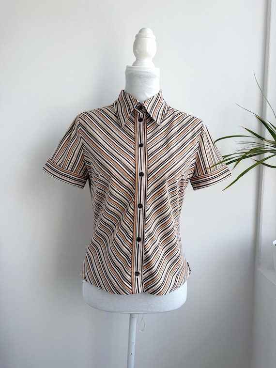 Vintage 90s Brown Striped Shirt, Retro 70s Style Geometric Blouse, Tom Tailor Button Up, Earth Tone Mod Top, Dark Academia Aesthetic Size S