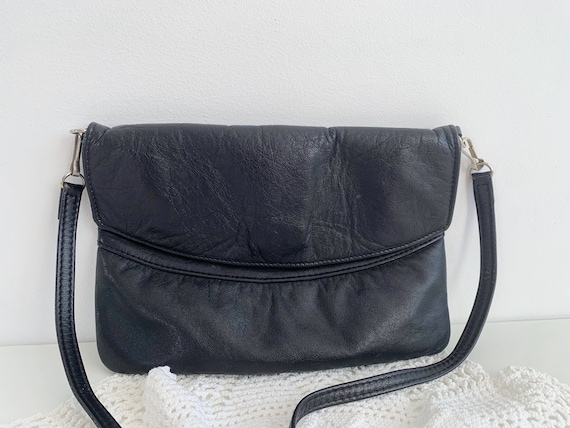 Small Leather Crossbody Bag for Women, Vintage 80s Black Envelope Cross Body, Soft Leather Handbag, Shoulder Purse, Slim Clutch Wallet