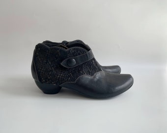 Vintage Black Heeled Ankle Boots for Women Size EUR 36.5, US 6, UK 4, Y2K Pointy Toe Zip Up Boots, Genuine Leather And Fur Low Heel Booties