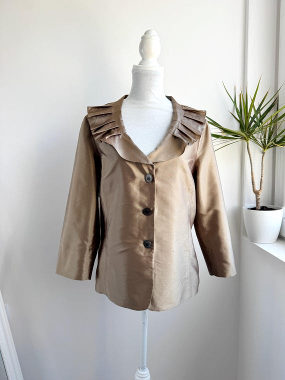 Elena Mirò 100% Silk Jacket, Italian Designer Ruffle Collar Blazer, Champagne Gold Plus Size Occasion Outerwear Size XL, Y2K Vintage Coat