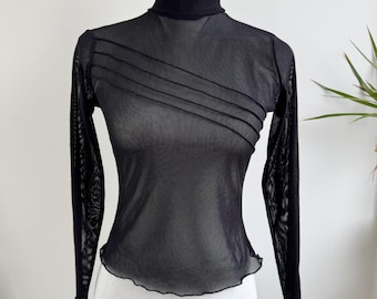 Black Sheer Tulle Crop Top - Stretchy Long Sleeve Turtleneck Blouse - High Neck Mesh Overlay Shirt, 90s Grunge, Made in Italy, Size S/M