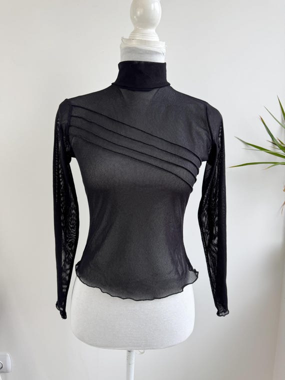Black Sheer Tulle Crop Top - Stretchy Long Sleeve Turtleneck Blouse - High Neck Mesh Overlay Shirt, 90s Grunge, Made in Italy, Size S/M
