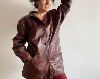 Vintage 80s Burgundy Brown Leather Jacket for Women Size 34 S, Wide Shoulder Batwing Sleeve Jacket, Relaxed Leather Jacket, Oversized Jacket