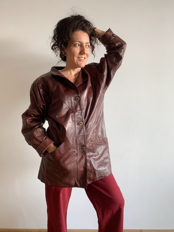 Vintage 80s Burgundy Brown Leather Jacket for Wome