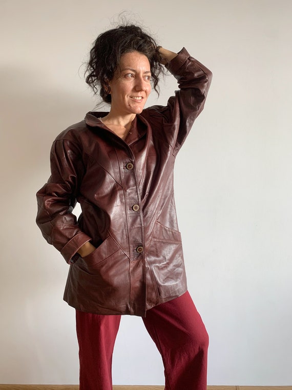 Vintage 80s Burgundy Brown Leather Jacket for Women Size 34 S, Wide Shoulder Batwing Sleeve Jacket, Relaxed Leather Jacket, Oversized Jacket