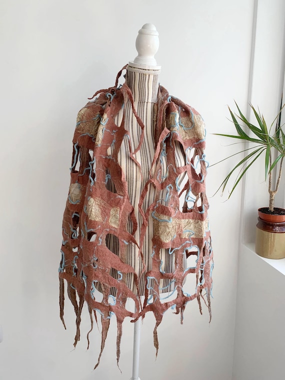 Unique Vintage Handcrafted Felted Wool and Silk Camel Cream and Teal Blue Sheer Mesh Cut Out Shoulder Wrap, Tribal Whimsical Artsy Cover Up