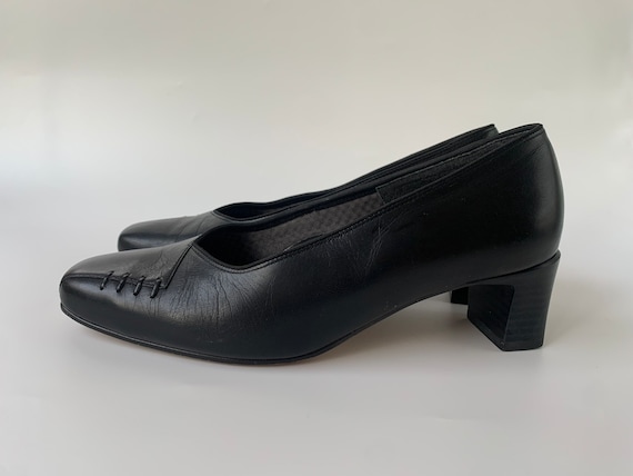 Vintage Black Leather Loafers for Women, Square Toe Pumps, Low Block Heel Slip On Shoes, Office Footwear Size UK 4 1/2, EUR 37, US 6 1/2