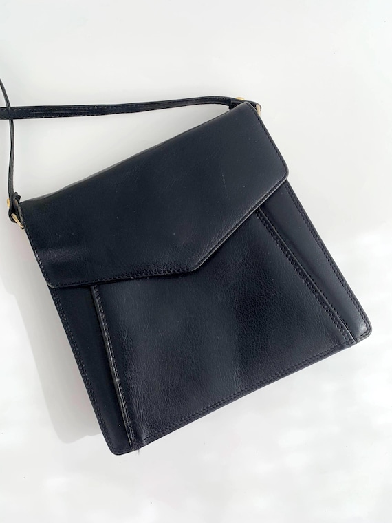 Vintage 90s LaModa Black Leather Shoulder Bag for Women, Real Leather Shoulder Purse, Small Structured Envelope Purse, Boxy Mini Handbag