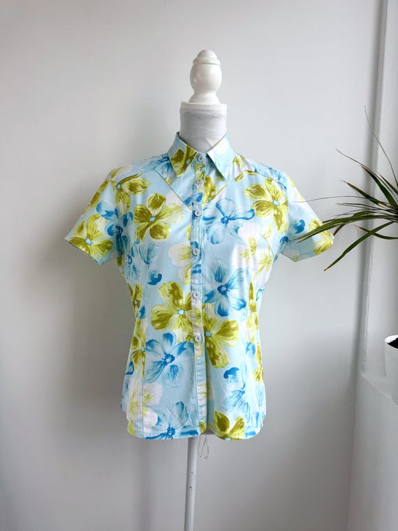 Vintage Y2K Floral Shirt Blue Lime Green Short Sleeve Cotton Blouse Retro 90s Tropical Summer Top Boho Garden Party Button Up Shirt Womens L