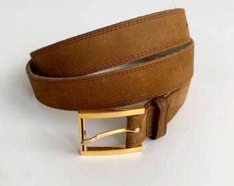 Vintage Camel Brown Suede Leather Belt 95 cm Women's Rectangle Gold Buckle Elegant Thin Waist Belt, Khaki Skinny Sash Belt, Nubuck Slim Belt