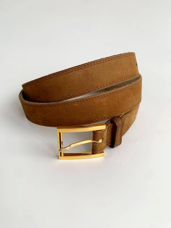 Vintage Camel Brown Suede Leather Belt 95 cm Women's Rectangle Gold Buckle Elegant Thin Waist Belt, Khaki Skinny Sash Belt, Nubuck Slim Belt