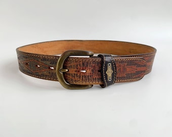 90s Vintage Thick Tan Light Brown Tooled Leather Belt 