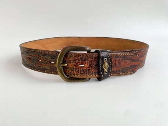 Vintage 80s EL CAMPERO Tooled Leather Belt for Women 68 - 82 cm/26 - 32", Boho Western Waist Belt, Brown Distressed Jeans Belt, Brass Buckle