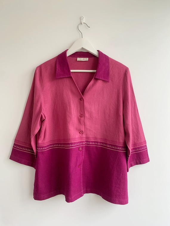 Vintage Fuchsia Pink Linen Jacket Size L, Light Linen Blazer for Women, 3/4 Sleeve Summer Linen Blouse, Linen Button Up Shirt, Linen Top