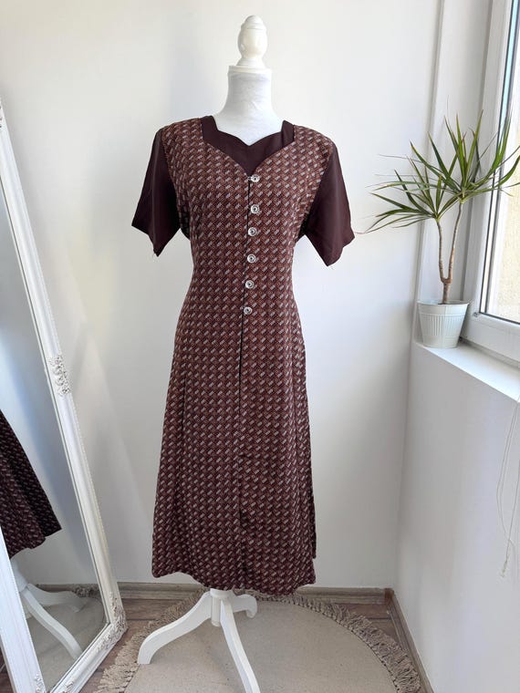 Vintage 90s Brown Batik Print Midi Dress, Button Front Belted Back Mod Secretary Dress, Retro Boho Day Dress Women Size L 70s Style Daywear