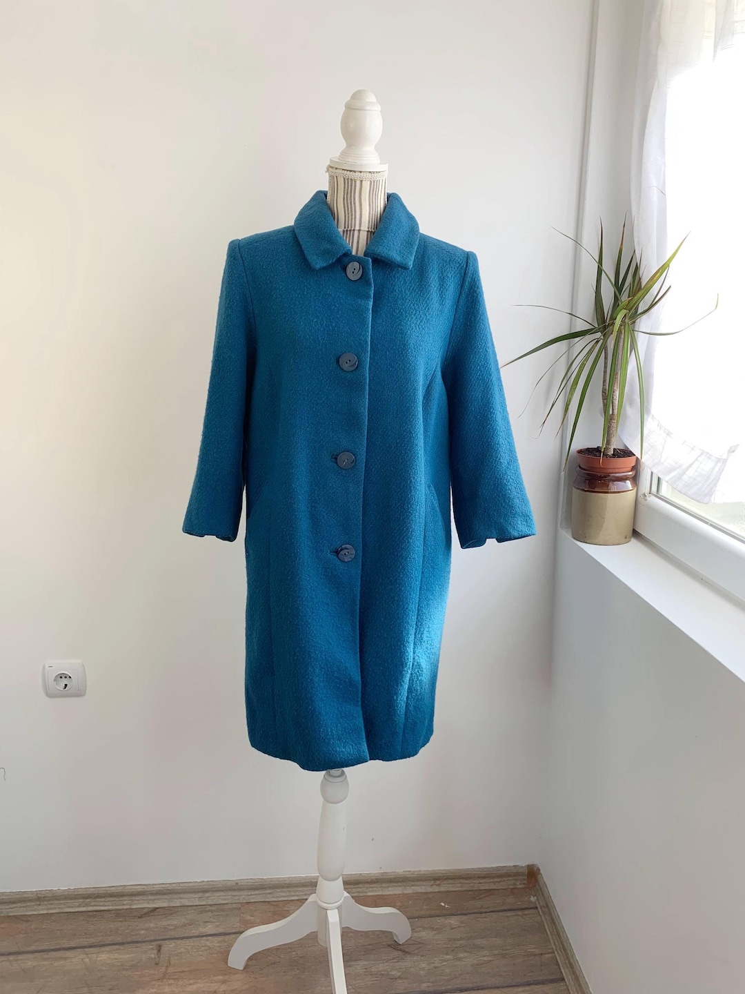 Vintage 60s 70s Turquoise Blue Wool Coat Size S M, Collared