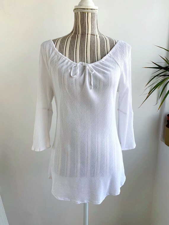 Vintage Y2K White Summer Blouse Off The Shoulder Top Size S Drawstring Neck Semi Sheer Crepe Viscose Shirt Gypsy Gauze Peasant Boho Tunic