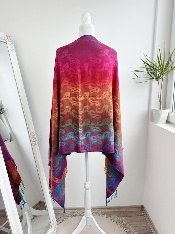 100% Cashmere Rainbow Pashmina Shawl, Colorful Floral Brocade Boho Festival Wrap, Vibrant Multicolour Reversible Scarf, Luxury Hippie Stole