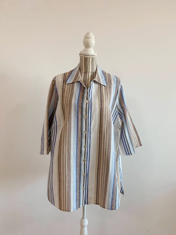 90s Linen Shirt Women Oversized, Peter Hahn Vintage Striped Button Up, Loose Fit Summer Top, Side Slit Linen Blouse, Size L XL