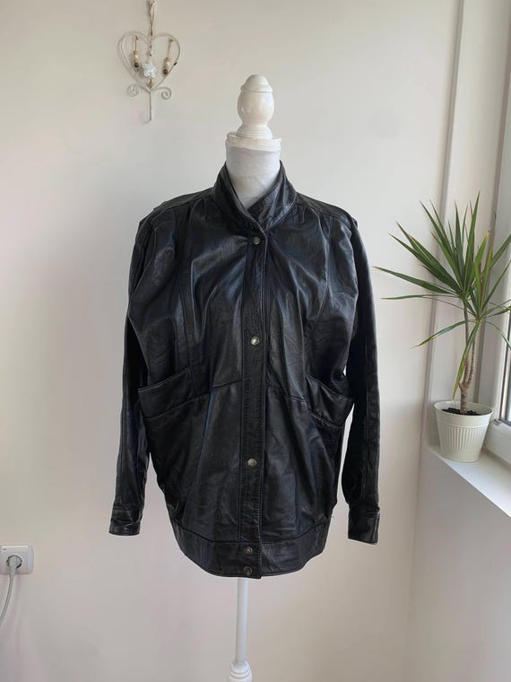 Vintage 80s Bomber Jacket for Women Size L, Black Leather Jacket, Wide Shoulder Batwing Sleeve Oversized Jacket, Real Leather Outerwear