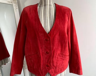Vintage Red Suede Jacket for Women Size 40 L, V Neck Cropped Leather Coat, Ladies Suede Blazer, Boxy Jacket, Retro 80s Statement Outerwear