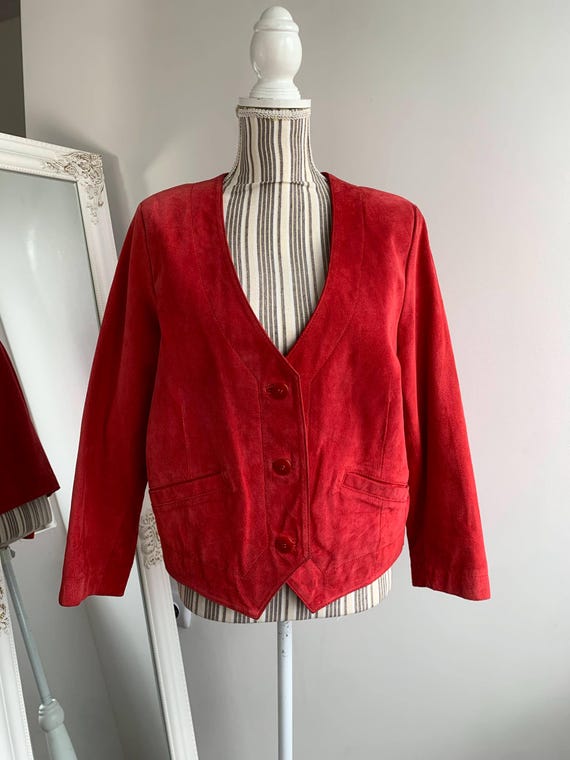 Vintage Red Suede Jacket for Women Size 40 L, V Neck Cropped Leather Coat, Ladies Suede Blazer, Boxy Jacket, Retro 80s Statement Outerwear