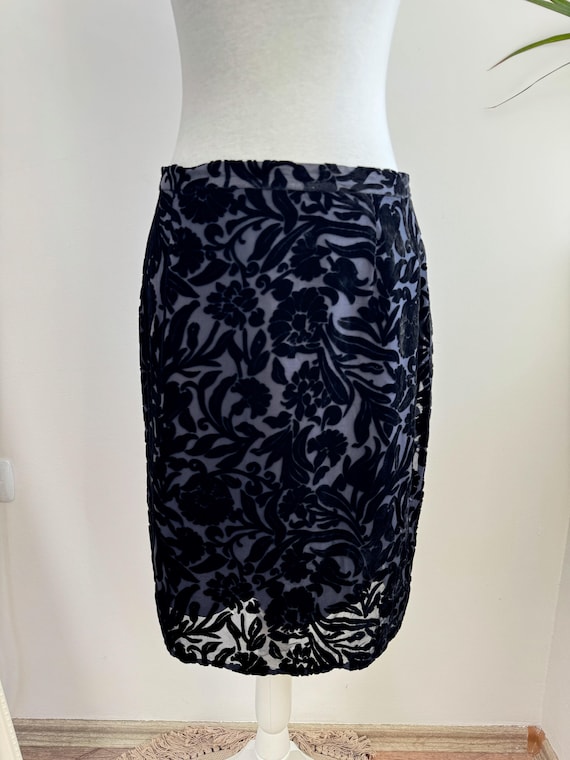 Vintage Y2K Black Burnt Velvet Silk Skirt Size L Large, Zoya Silkwear Devoré Floral Pencil Skirt, Gothic Romantic Luxury Formal Midi Skirt