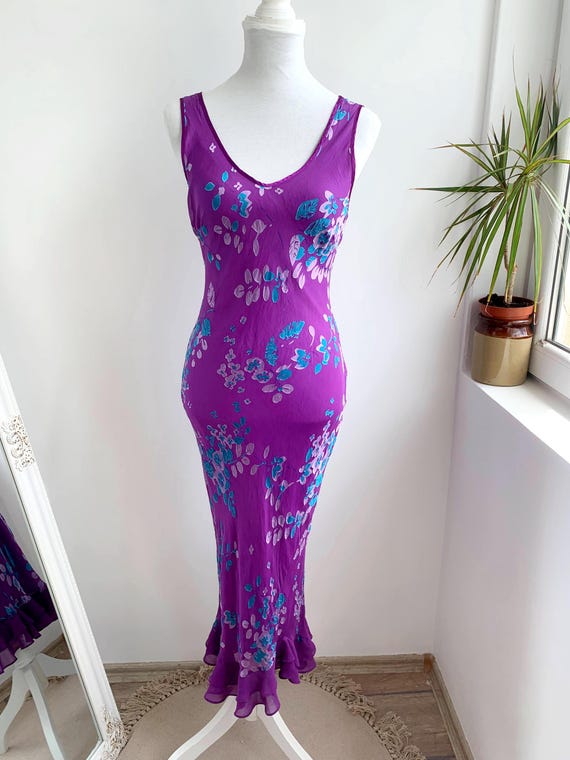 Vintage Monsoon Bias Cut Purple Silk Maxi Dress Size S M, Sleeveless V Neck Lilac Cyan Blue Floral 90s Slip Dress, Long Slim Fit Tank Dress