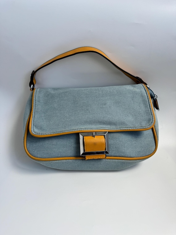 Vintage Y2K Denim Shoulder Bag, Light Wash Jean Purse Contrast Mustard Edges Large Buckle Retro 2000s Streetwear Baguette Blue Denim Bag
