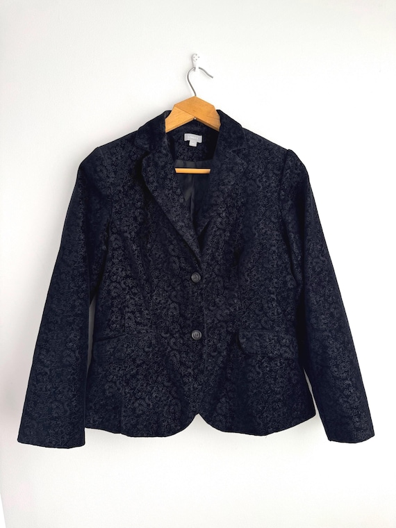 Vintage 90s Cotton Corduroy Blazer for Women Size L XL, Spring Fall Black Velveteen Jacket, Silver Paisley Floral Print Casual Corduroy Coat