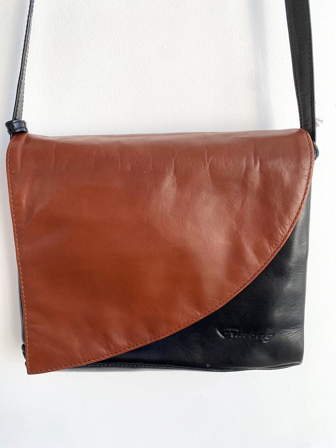Vintage 90s Genuine Leather Crossbody Satchel Bag, Black and Brown