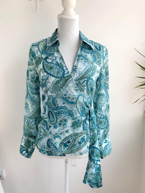 Vintage Y2K Sheer Tulle Wrap Shirt Size S Boho Grunge Paisley Floral Collared Mesh Blouse Teal Blue Olive Green Side Tie Crinkle Plisse Top