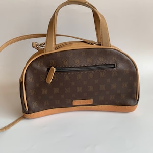Bolso de mano con asa superior Laura Biagiotti, bolso de mano de diseñador italiano vintage de los años 90, bolso de hombro marrón beige, bolso de cuero auténtico con monograma de la firma