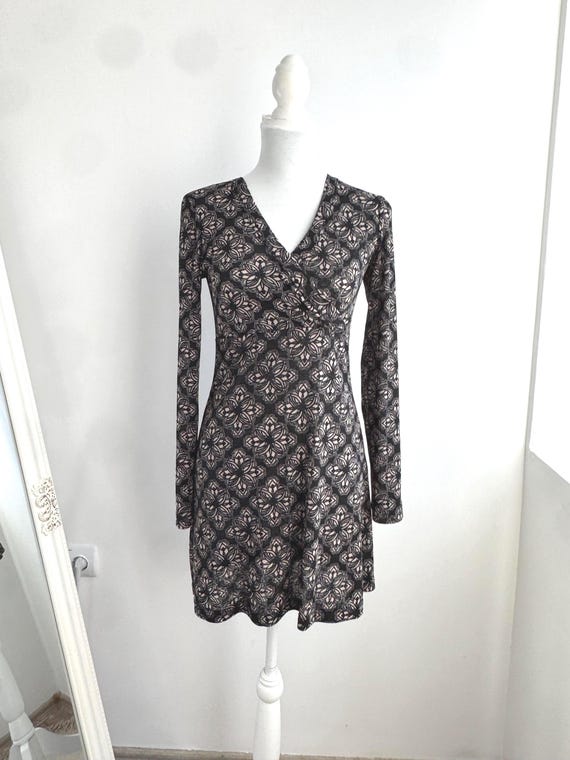 Vintage Y2K Black Sheer Mesh Mini Dress Size XS S 90s Grunge Goth Long Sleeve Party Dress, Stretchy Wrap V Neck Bodycon Overlay Dress