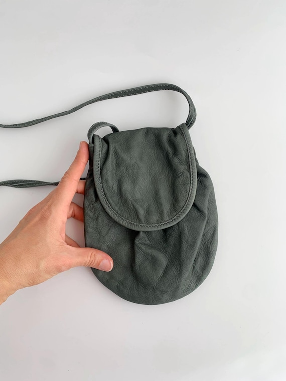 Vintage 90s Khaki Green Small Shoulder Bag, Soft Leather Tiny Crossbody Purse, Mini Sling Bag with Slim Strap, Real Leather Cell Phone Pouch