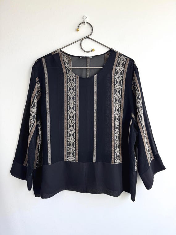 Vintage Black Boho Blouse, Ethnic Geometric Stripe Relaxed Mesh Top Y2K 90s Wearhouse Plus Size XXL Oversized Sheer Wide Sleeve Bohemian Top