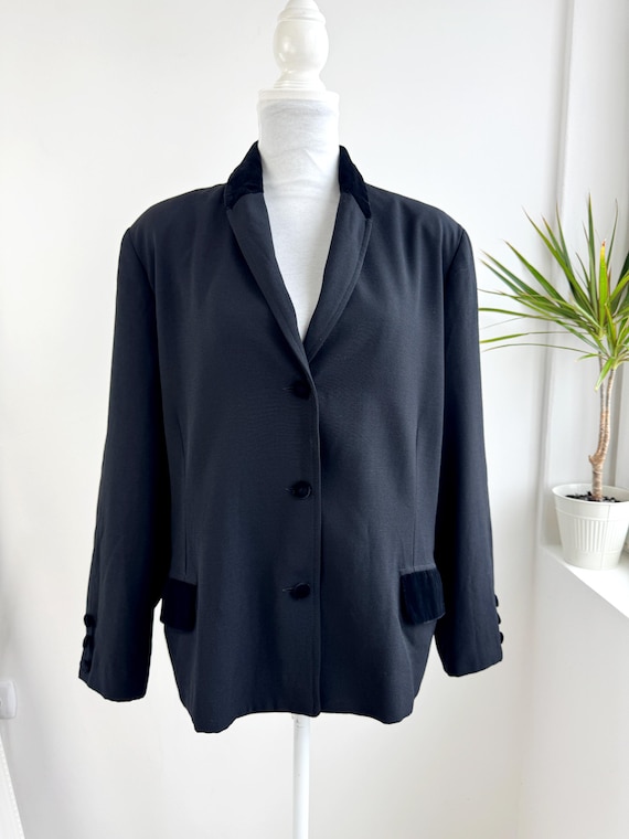 Luca Giordani Black Wool Blazer Velvet Collar & Cuffs Italian Made Oversized Jacket, 90s Classic Blazer Women's Size XL Vintage Sports Coat